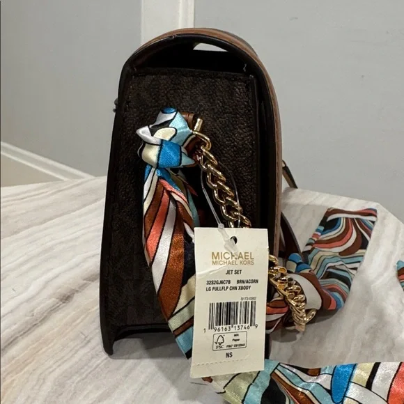 Michael Kors Jet Set Logo Brown and Tan Chain Crossbody NWT - Picture 9 of 17